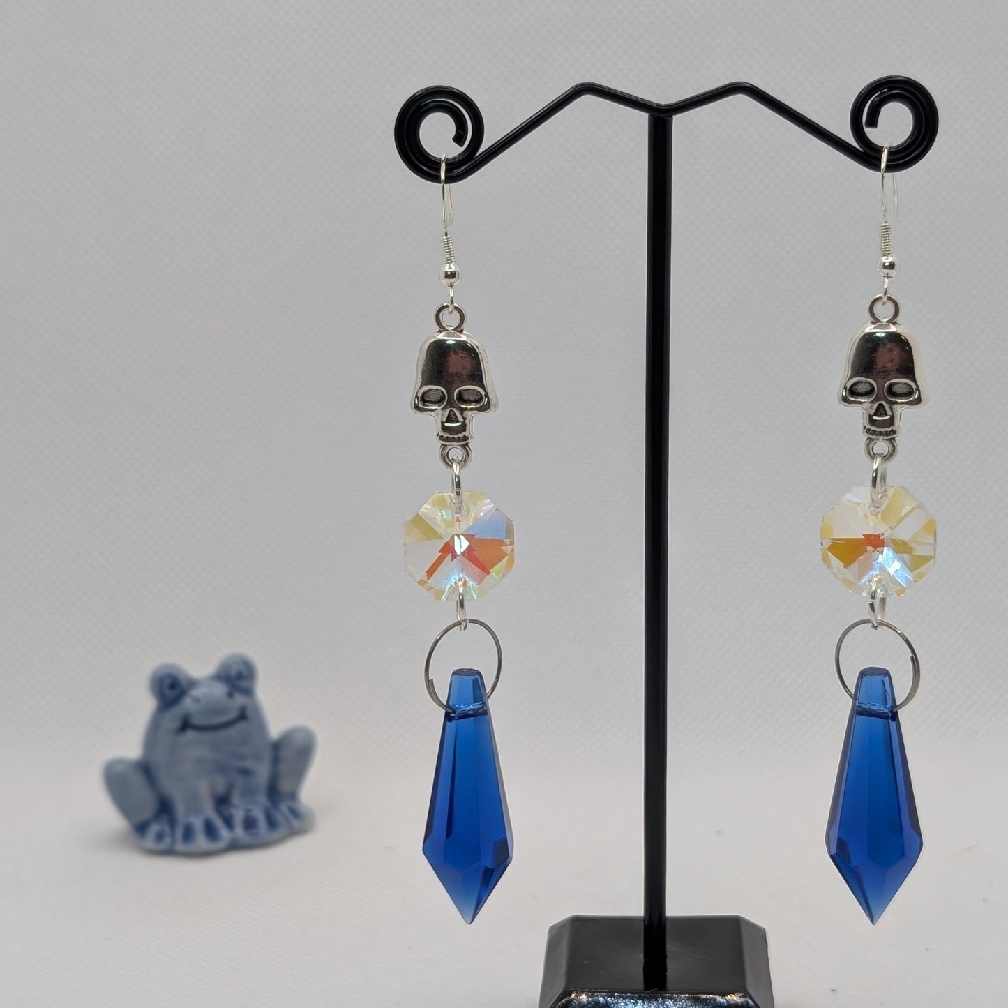 ✨Glaciergeist✨ | Silver Skull, Iridescent Glass & Deep Blue Drop Earrings