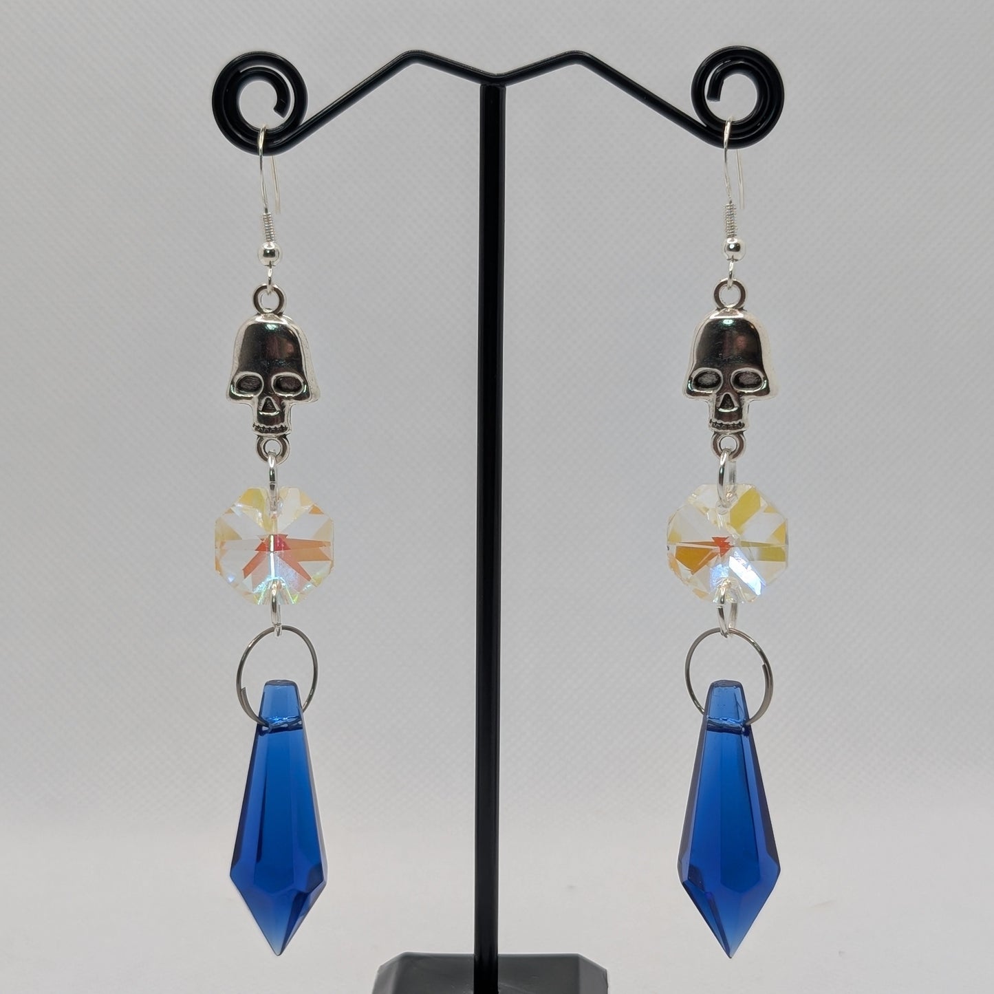 ✨Glaciergeist✨ | Silver Skull, Iridescent Glass & Deep Blue Drop Earrings