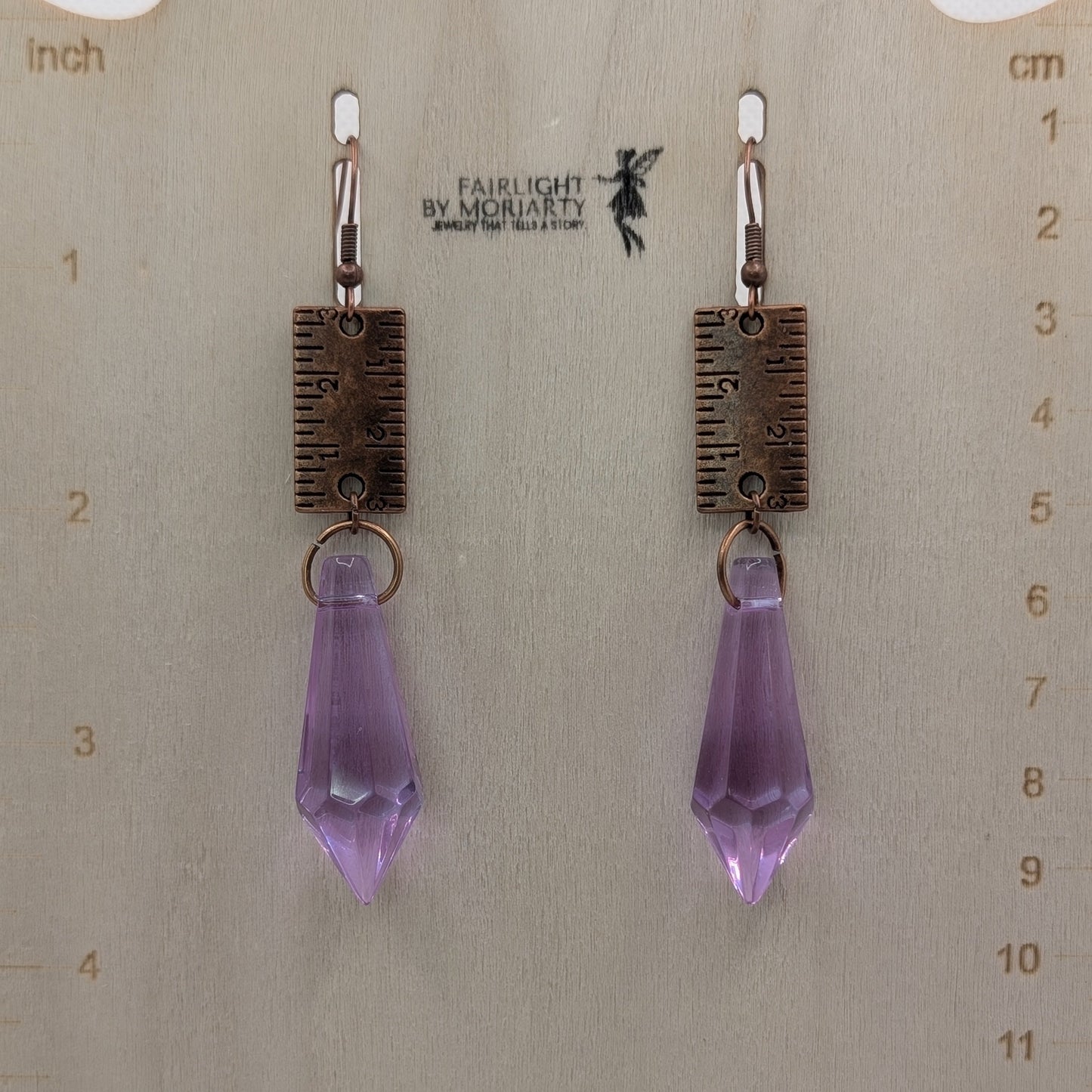✨Measurelle✨ | Purple Faceted Glass & Antique Copper Ruler Earrings