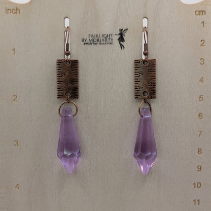 ✨Measurelle✨ | Purple Faceted Glass & Antique Copper Ruler Earrings