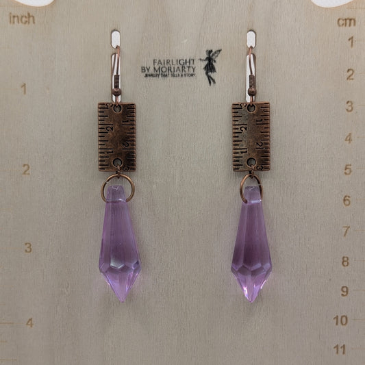 ✨Measurelle✨ | Purple Faceted Glass & Antique Copper Ruler Earrings