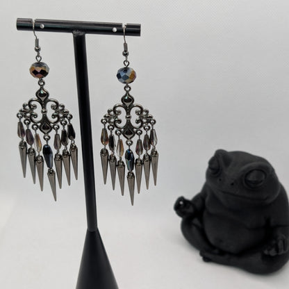 ✨Palisadae✨ | Gunmetal Iridescent Glass Chandelier Spike Earrings