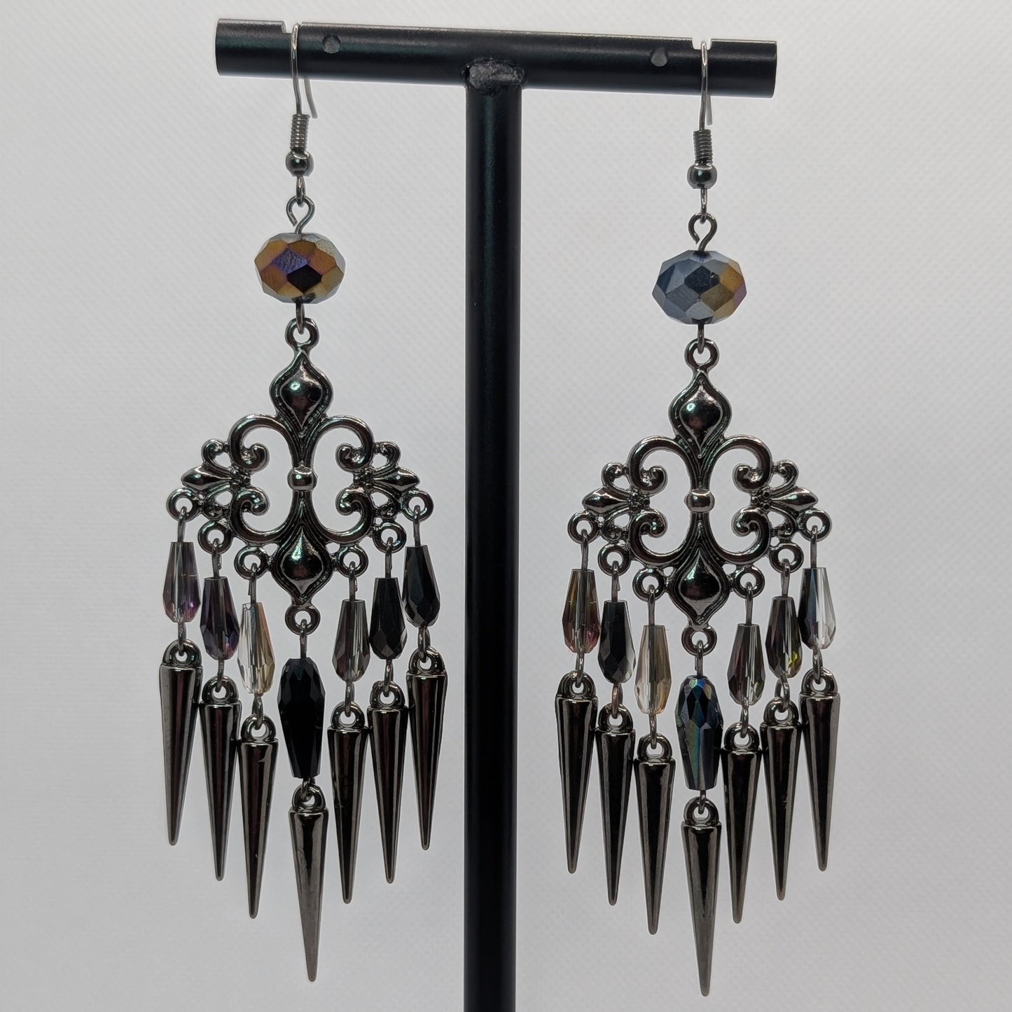 ✨Palisadae✨ | Gunmetal Iridescent Glass Chandelier Spike Earrings