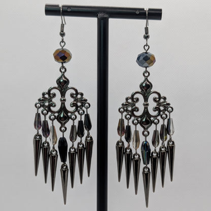 ✨Palisadae✨ | Gunmetal Iridescent Glass Chandelier Spike Earrings