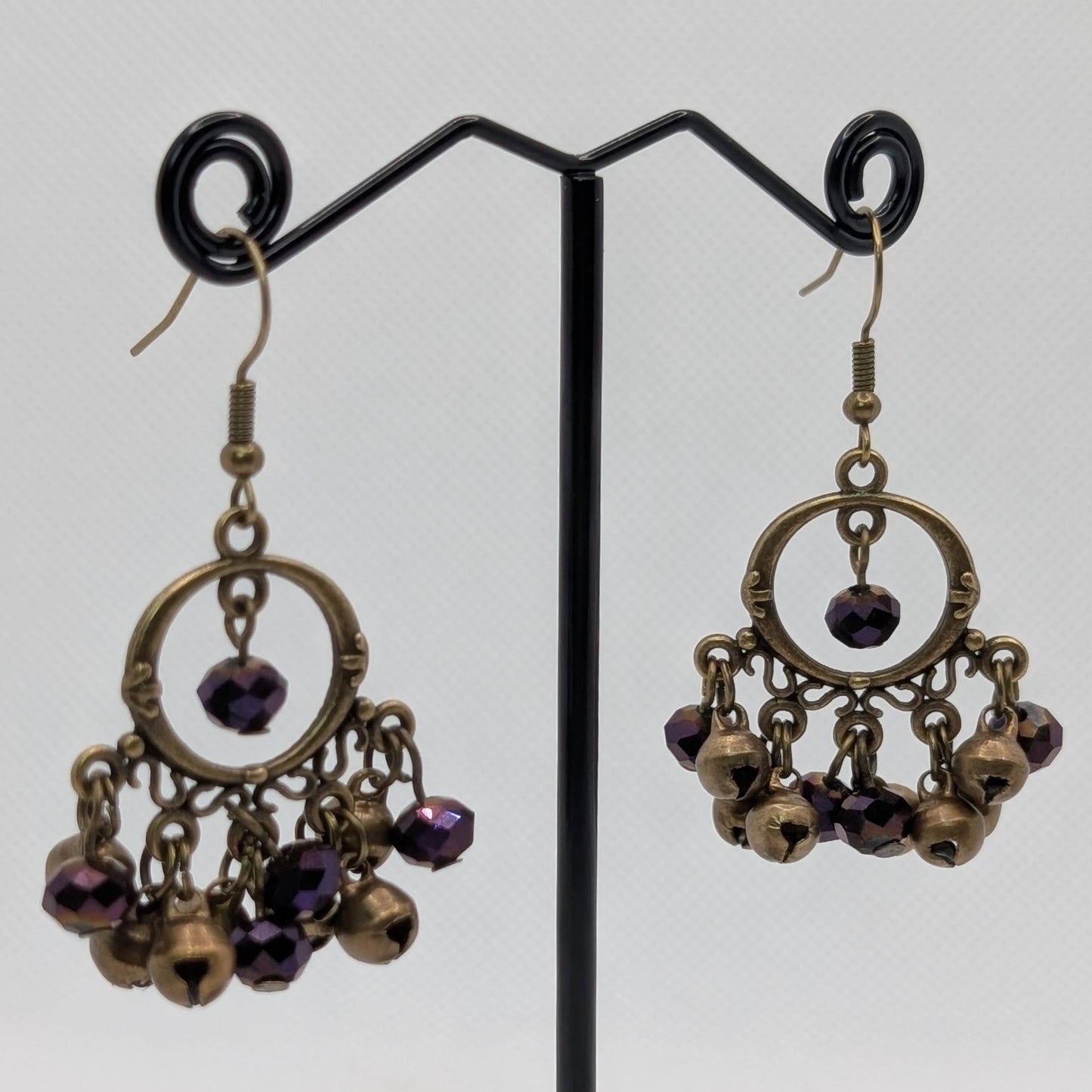 ✨Tintinnelle✨ | Antique Bronze Bell & Purple Faceted Glass Dangle Earrings
