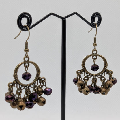 ✨Tintinnelle✨ | Antique Bronze Bell & Purple Faceted Glass Dangle Earrings