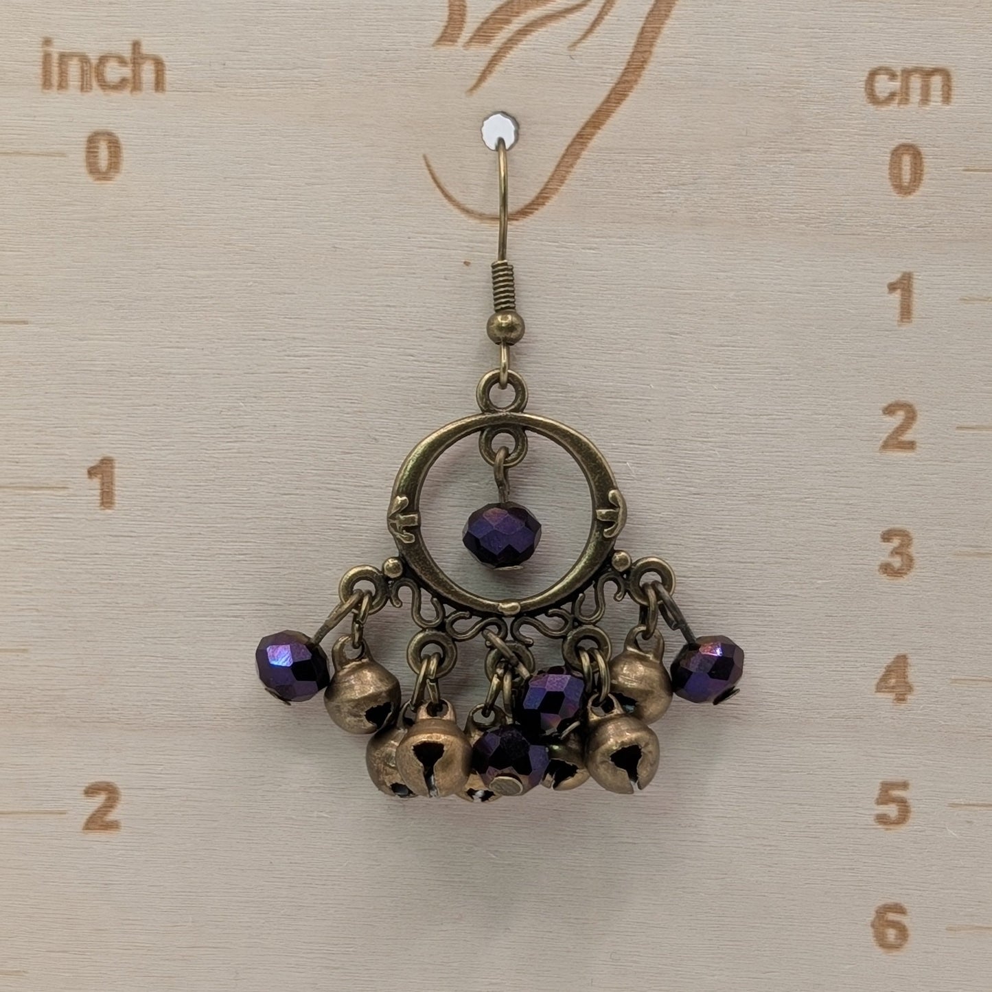 ✨Tintinnelle✨ | Antique Bronze Bell & Purple Faceted Glass Dangle Earrings