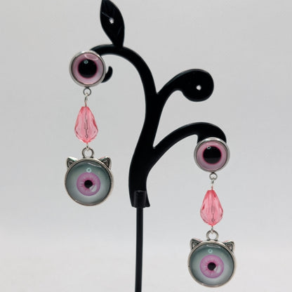 ✨Dupliris✨ | Pink Double-Eye Cat Earrings with Faceted Glass