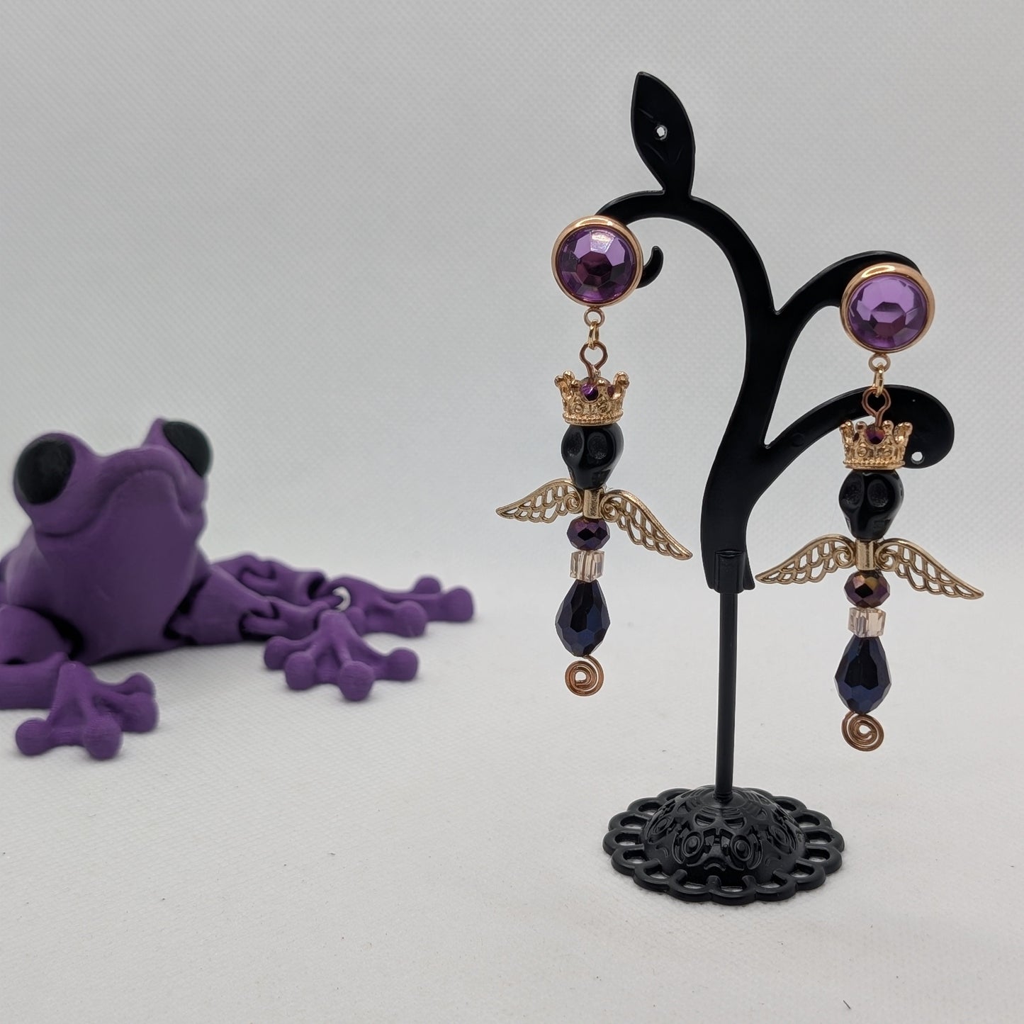 ✨Mortumonarch✨ | Crowned Skull, Wing & Faceted Crystal Gothic Dangle Earrings