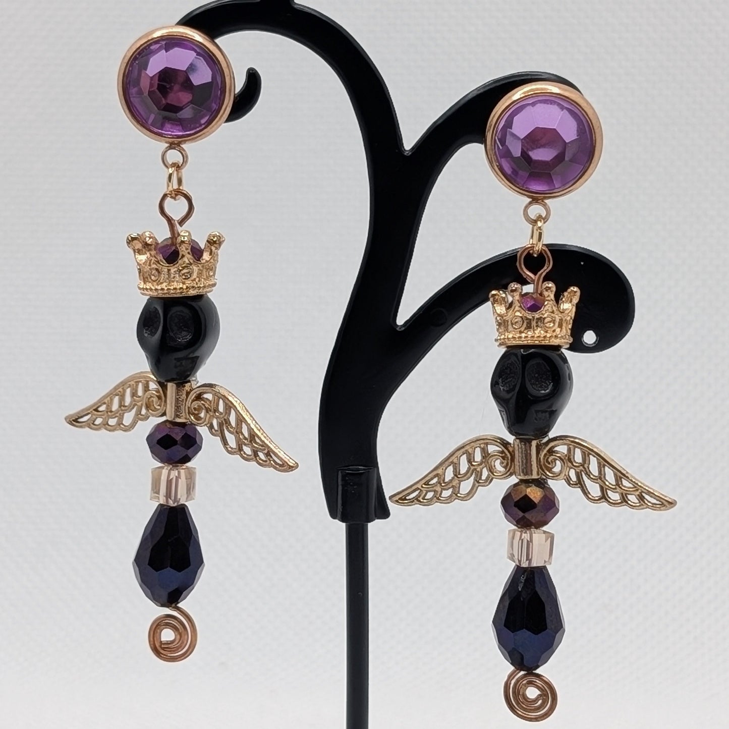 ✨Mortumonarch✨ | Crowned Skull, Wing & Faceted Crystal Gothic Dangle Earrings