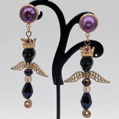 ✨Mortumonarch✨ | Crowned Skull, Wing & Faceted Crystal Gothic Dangle Earrings