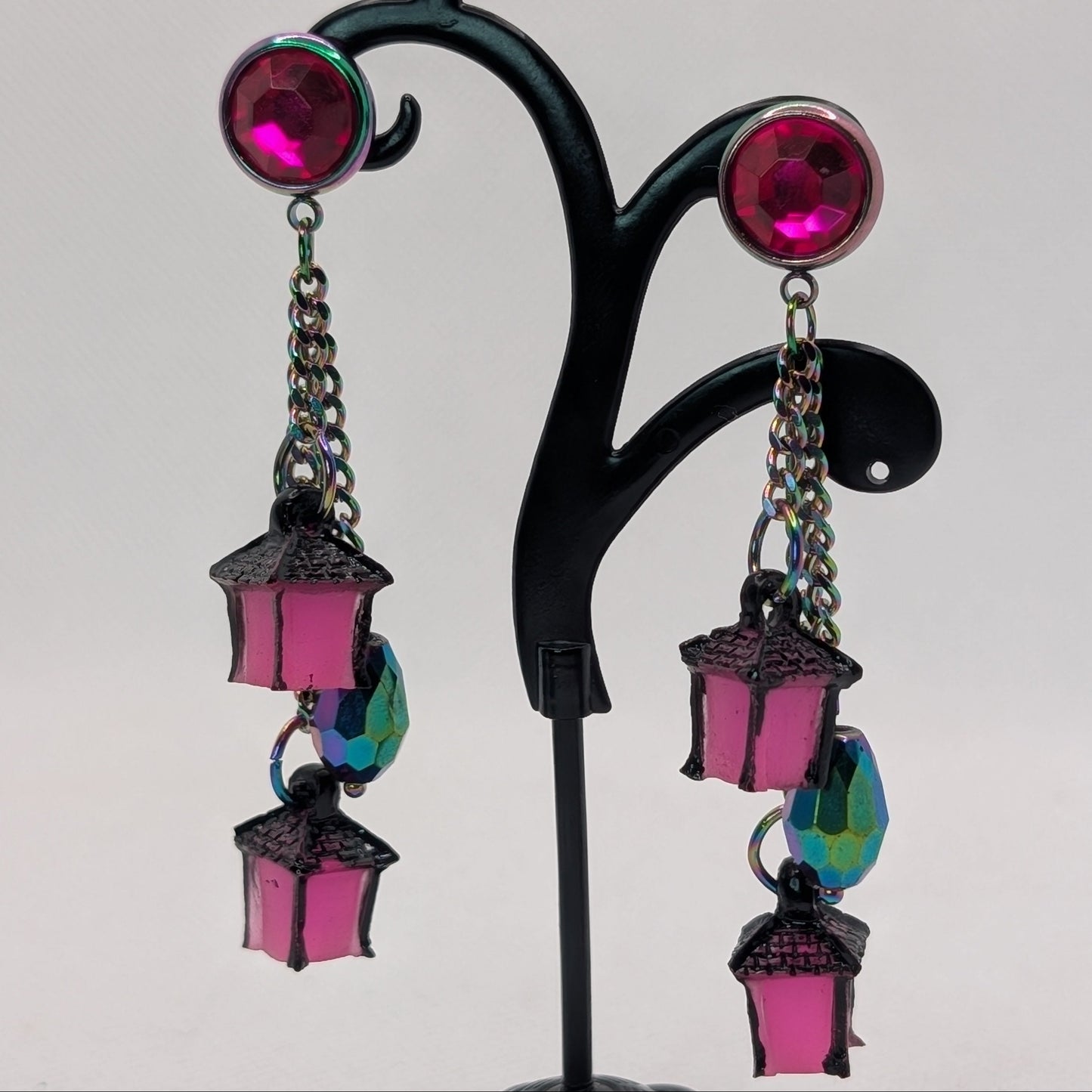 ✨Faeneon✨ | Glow-in-the-Dark Pink Lantern & Iridescent Chain Earrings