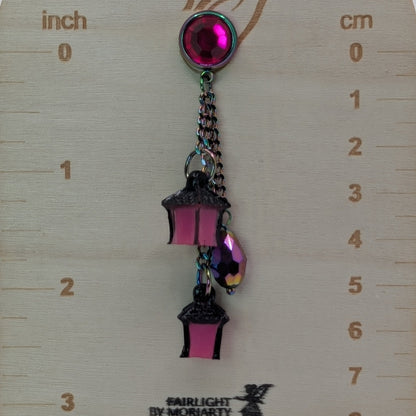 ✨Faeneon✨ | Glow-in-the-Dark Pink Lantern & Iridescent Chain Earrings