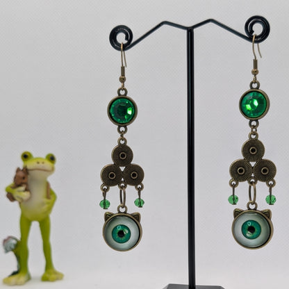 ✨Cataclysmic✨ | Green Rhinestone & Cat-Eye Earrings