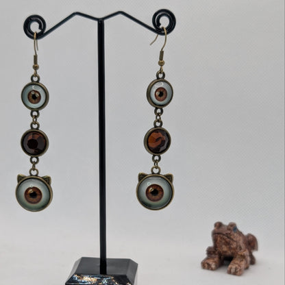 ✨Catatonic✨ | Brown Cat Eye Cabochon & Faceted Glass Dangle Earrings