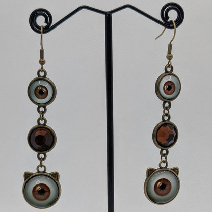 ✨Catatonic✨ | Brown Cat Eye Cabochon & Faceted Glass Dangle Earrings