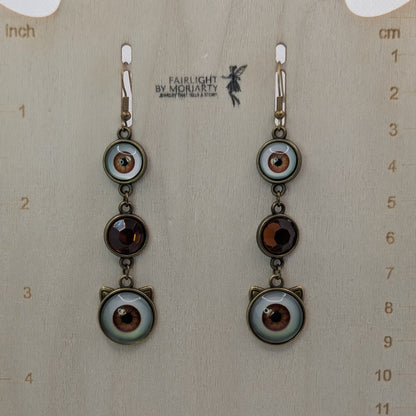 ✨Catatonic✨ | Brown Cat Eye Cabochon & Faceted Glass Dangle Earrings