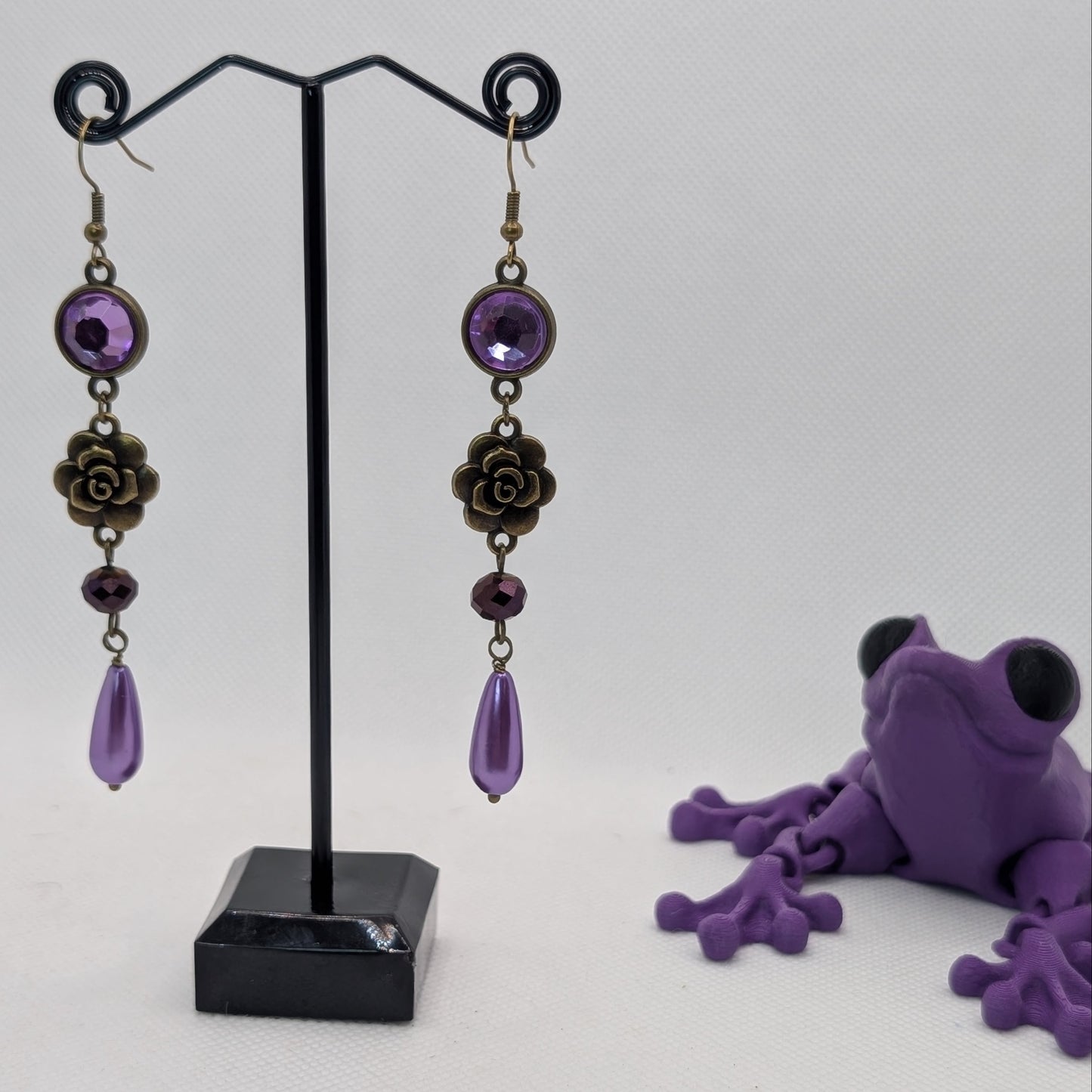 ✨Vesperose✨ | Purple Rhinestone, Bronze Rose & Teardrop Dangle Earrings
