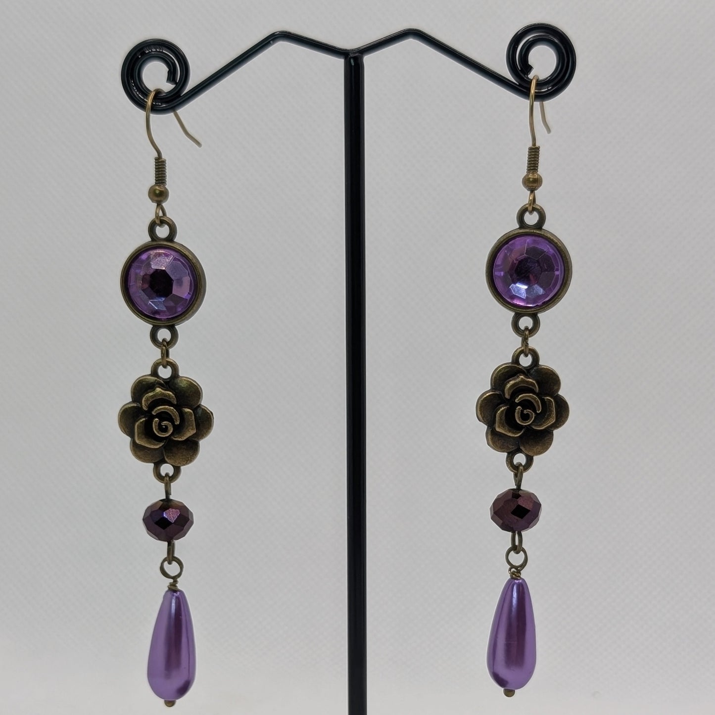 ✨Vesperose✨ | Purple Rhinestone, Bronze Rose & Teardrop Dangle Earrings