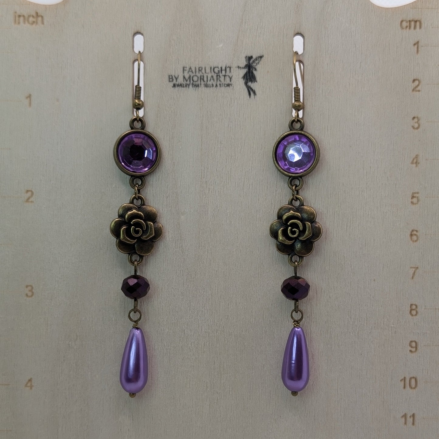 ✨Vesperose✨ | Purple Rhinestone, Bronze Rose & Teardrop Dangle Earrings