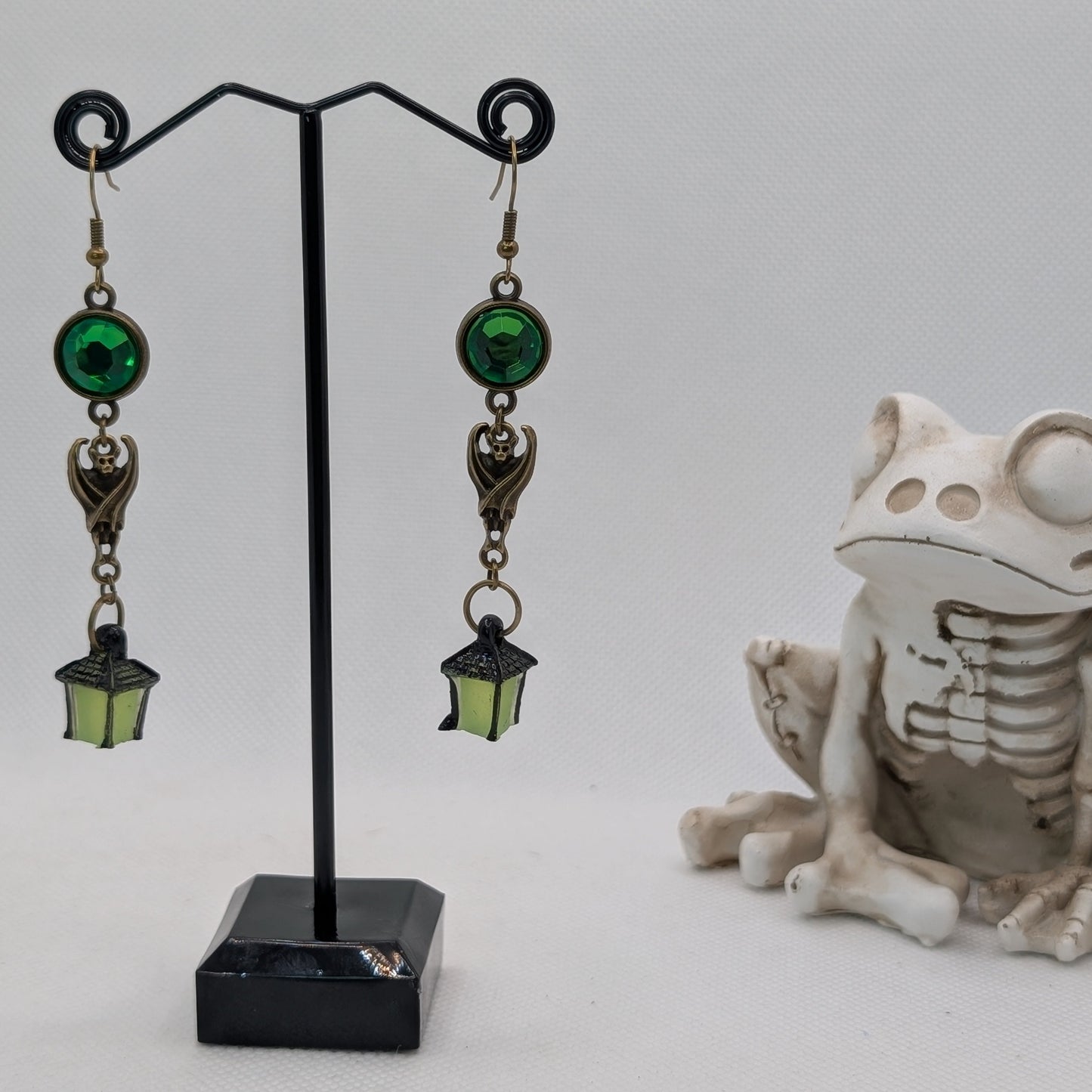 ✨Chiroguides✨ | Bronze Bat & Glow Lantern Earrings with Green Rhinestones