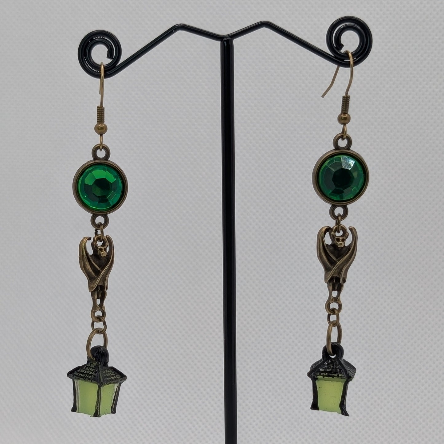 ✨Chiroguides✨ | Bronze Bat & Glow Lantern Earrings with Green Rhinestones