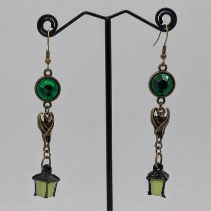 ✨Chiroguides✨ | Bronze Bat & Glow Lantern Earrings with Green Rhinestones