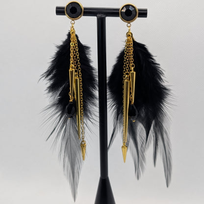 ✨Cabaravenne✨ | Black Feather & Gold Chain Statement Earrings