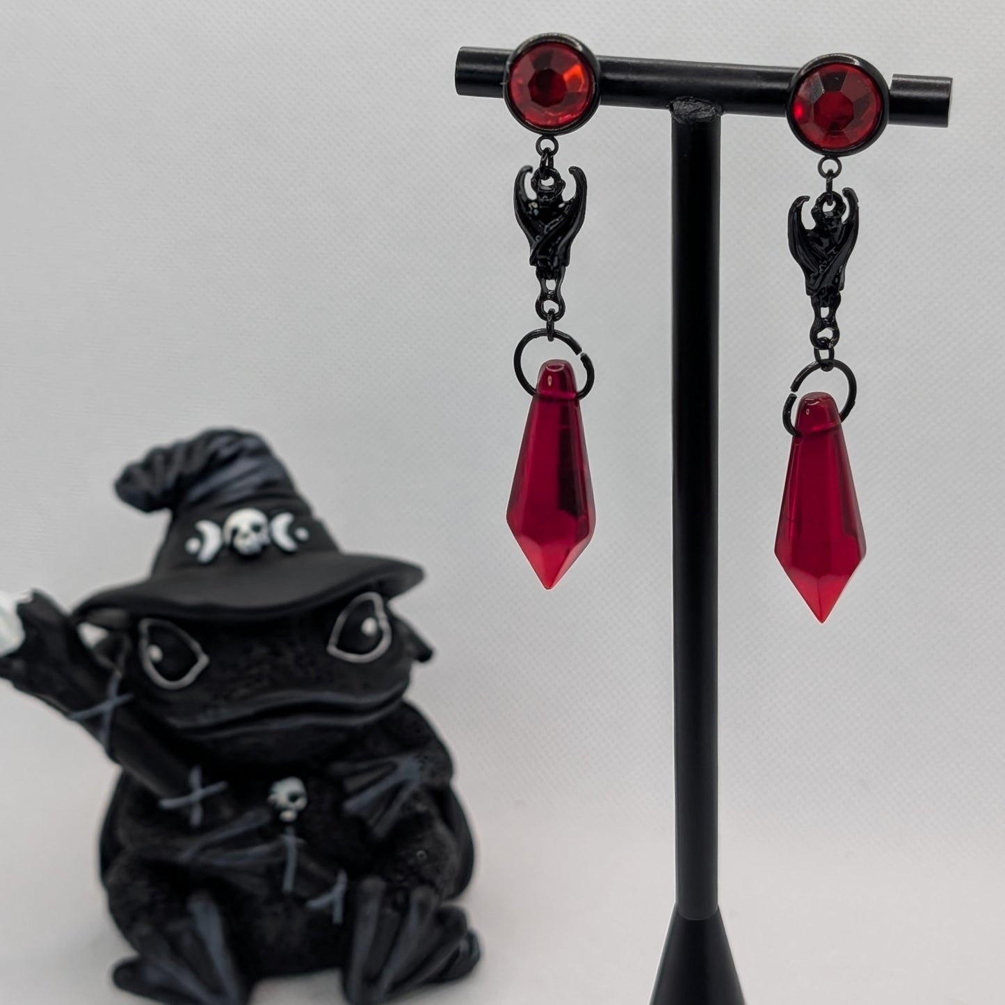 ✨Sanguivane✨ | Red Rhinestone Bat & Faceted Blood-Red Drop Earrings