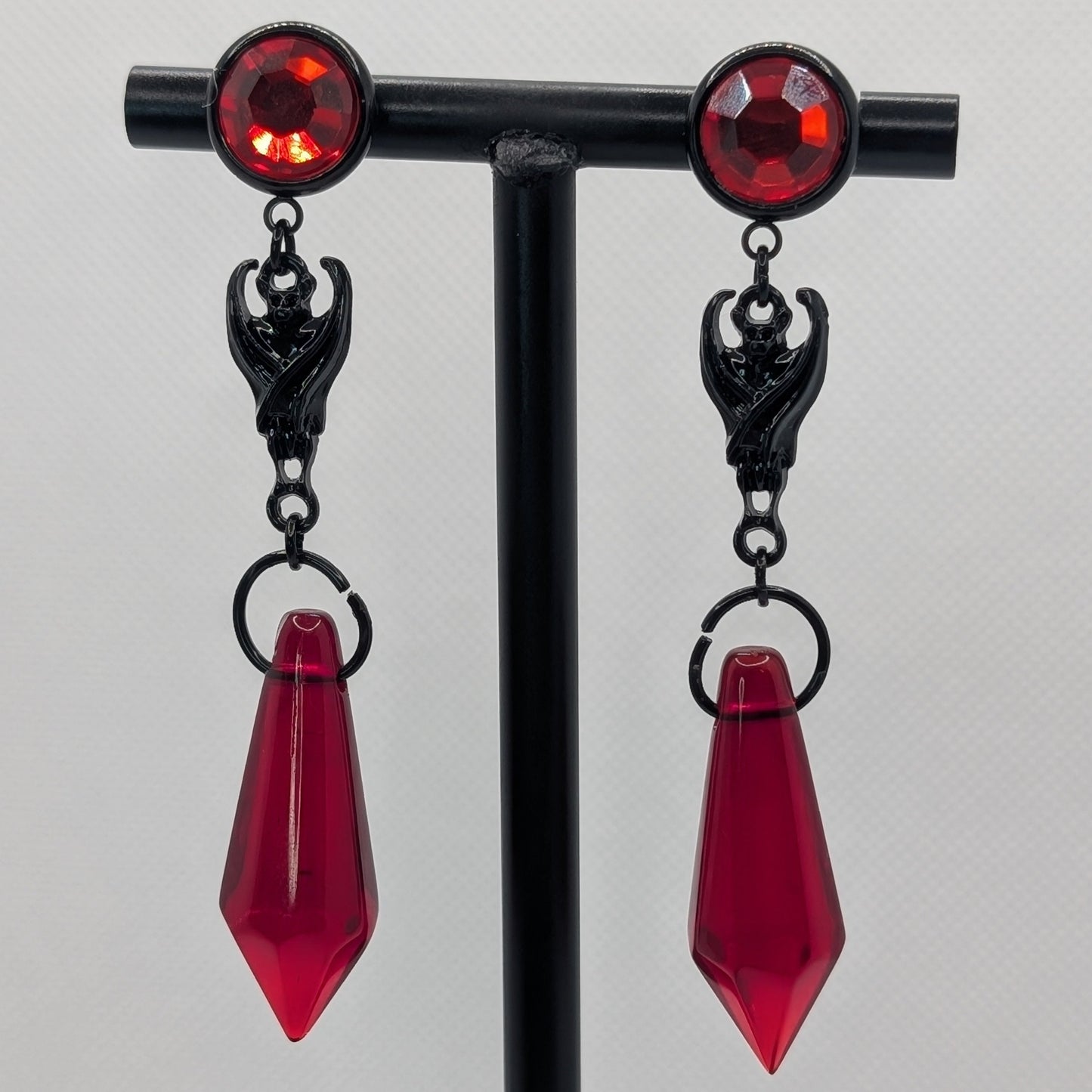 ✨Sanguivane✨ | Red Rhinestone Bat & Faceted Blood-Red Drop Earrings