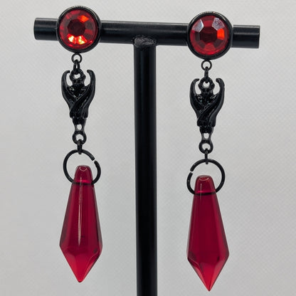 ✨Sanguivane✨ | Red Rhinestone Bat & Faceted Blood-Red Drop Earrings