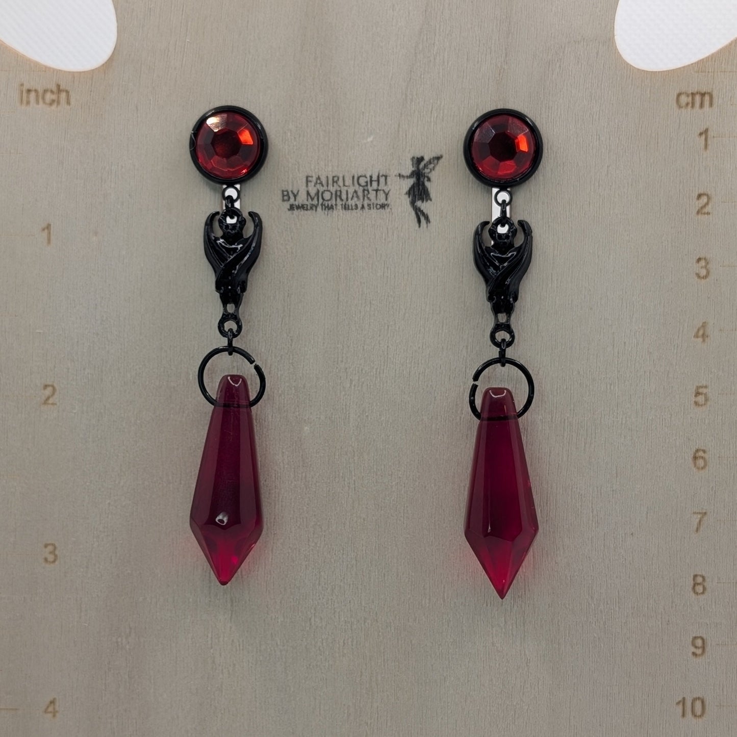 ✨Sanguivane✨ | Red Rhinestone Bat & Faceted Blood-Red Drop Earrings