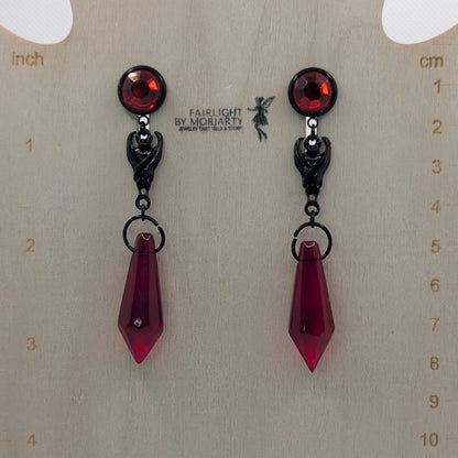 ✨Sanguivane✨ | Red Rhinestone Bat & Faceted Blood-Red Drop Earrings