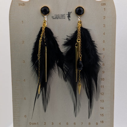 ✨Cabaravenne✨ | Black Feather & Gold Chain Statement Earrings