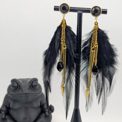 ✨Cabaravenne✨ | Black Feather & Gold Chain Statement Earrings