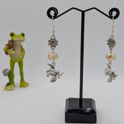 ✨Pollenira✨ | Silver Bee & Flower Earrings with Champagne Glass