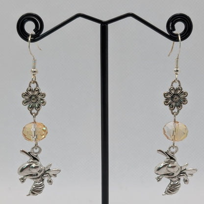 ✨Pollenira✨ | Silver Bee & Flower Earrings with Champagne Glass