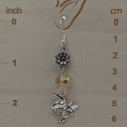✨Pollenira✨ | Silver Bee & Flower Earrings with Champagne Glass