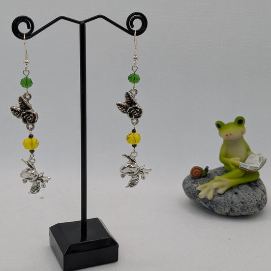 ✨Thornamour✨ | Silver Rose & Bee Earrings with Green & Golden Glass