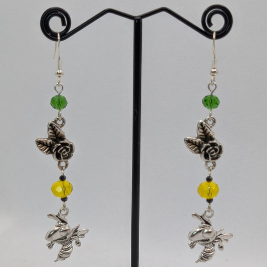 ✨Thornamour✨ | Silver Rose & Bee Earrings with Green & Golden Glass