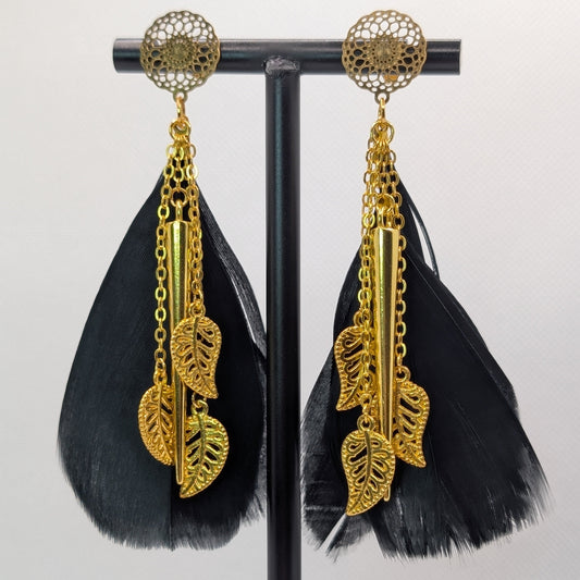✨Corvacache✨ | Black Feather & Gold Leaf Statement Earrings