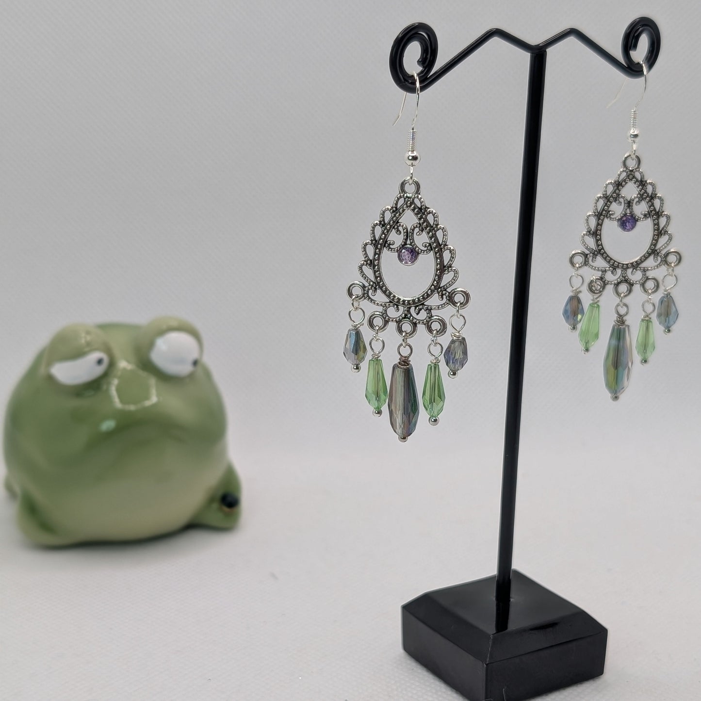 ✨Lotusreach✨ | Green & Iridescent Silver Filigree Chandelier Earrings