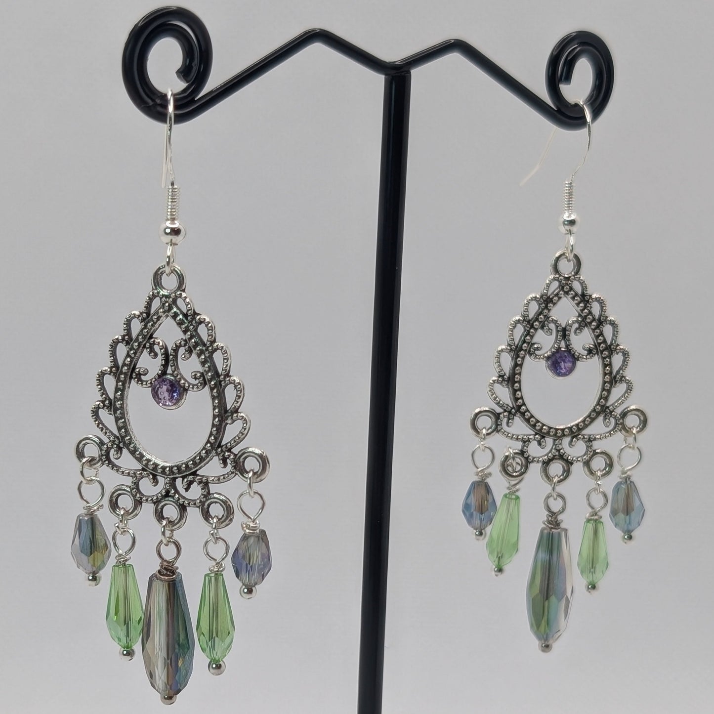 ✨Lotusreach✨ | Green & Iridescent Silver Filigree Chandelier Earrings