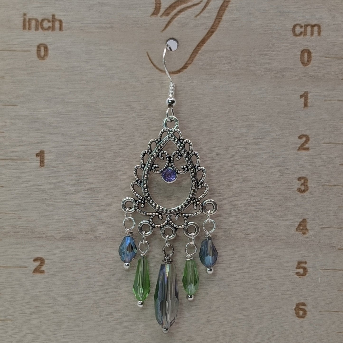 ✨Lotusreach✨ | Green & Iridescent Silver Filigree Chandelier Earrings