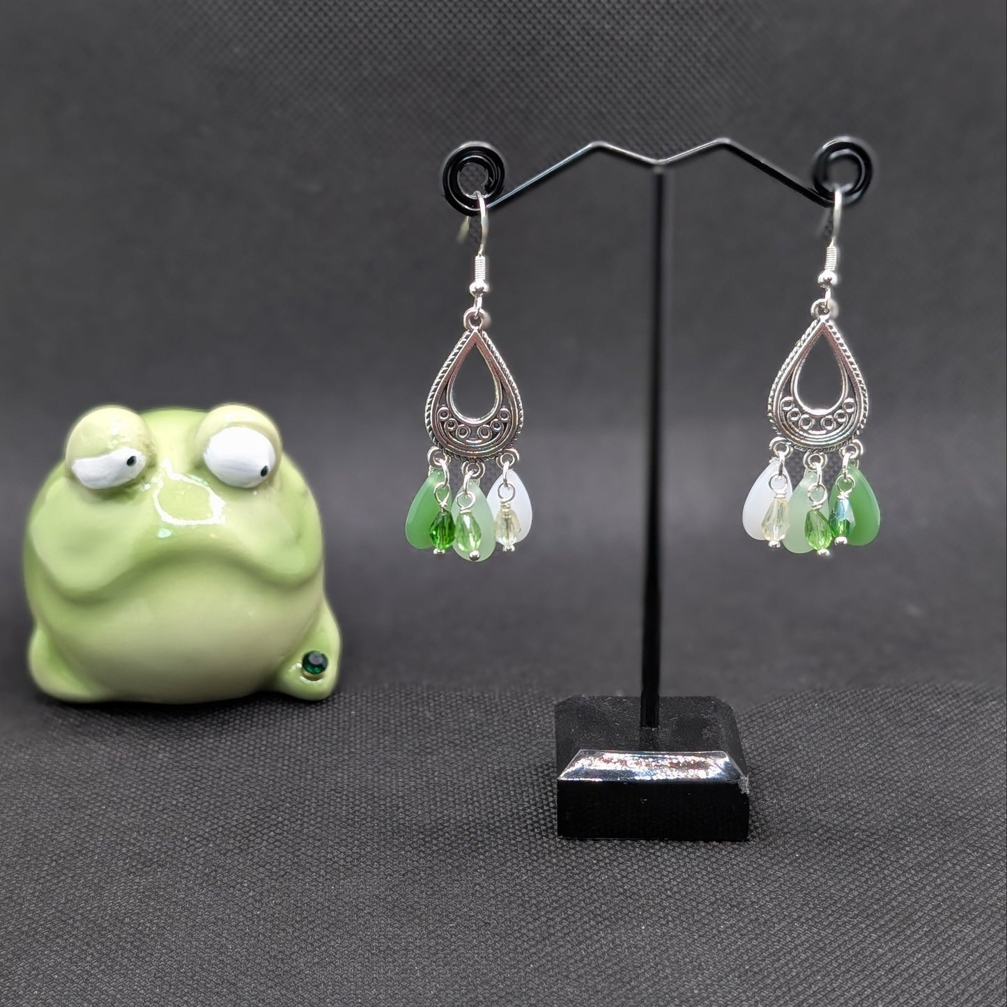 ✨Fernfrondae✨ | Green & White Glass Teardrop Earrings with Silver Filigree
