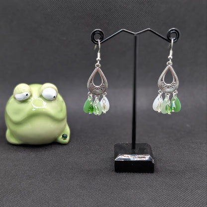 ✨Fernfrondae✨ | Green & White Glass Teardrop Earrings with Silver Filigree