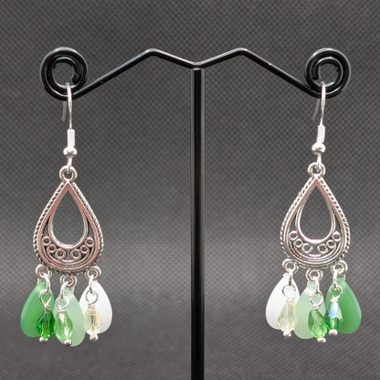 ✨Fernfrondae✨ | Green & White Glass Teardrop Earrings with Silver Filigree