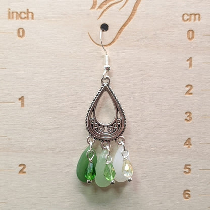 ✨Fernfrondae✨ | Green & White Glass Teardrop Earrings with Silver Filigree