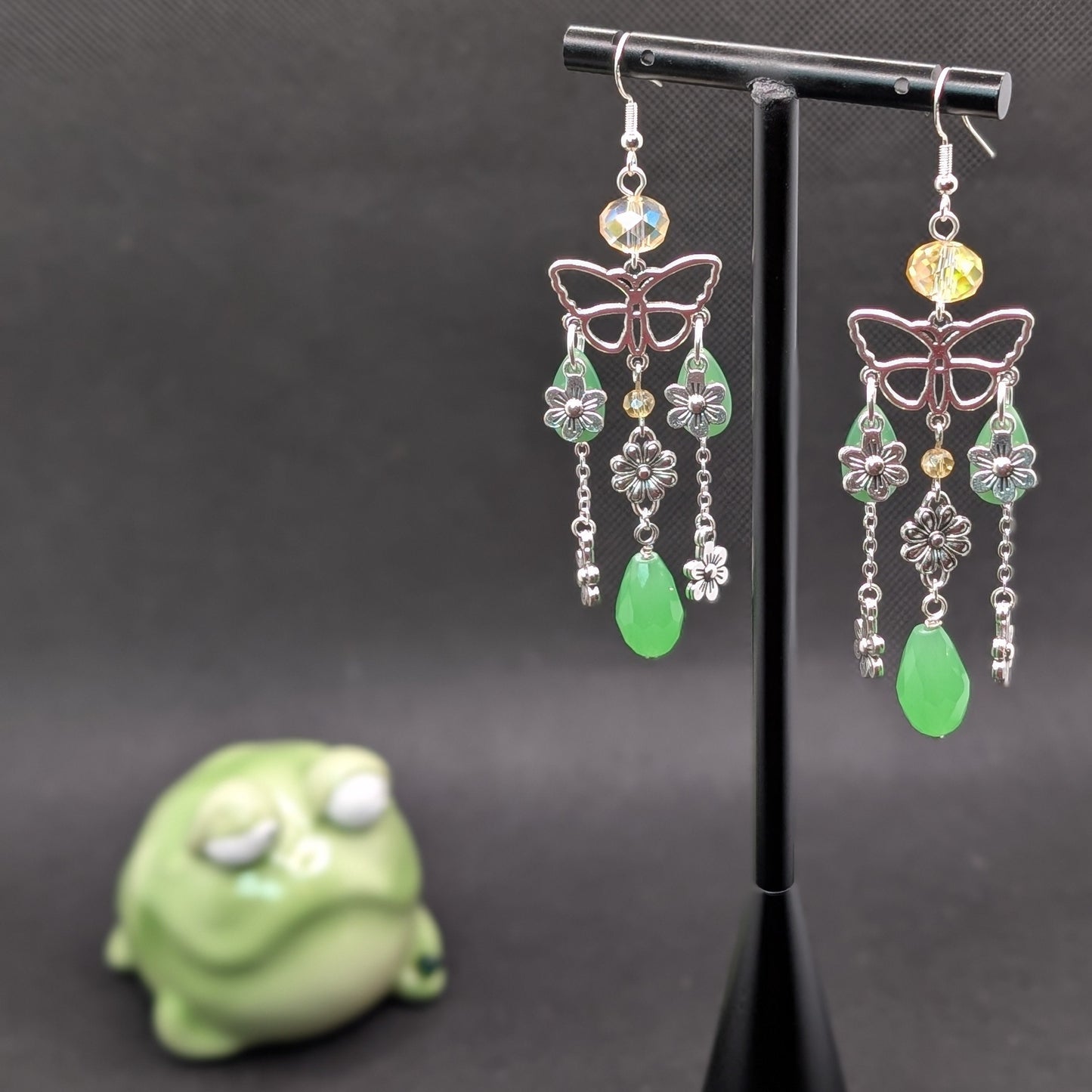 ✨Petaleptera✨ | Green Floral Butterfly Chandelier Earrings