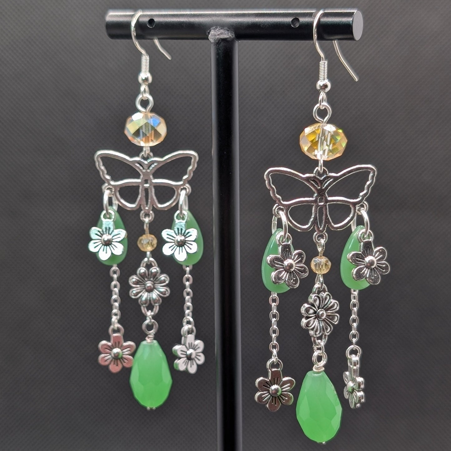 ✨Petaleptera✨ | Green Floral Butterfly Chandelier Earrings